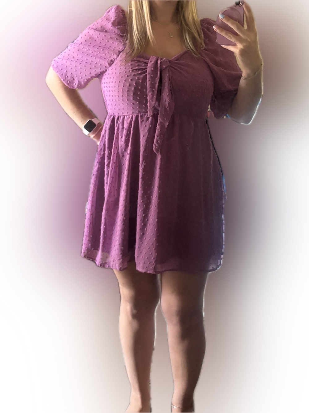 J for Justify Mauve Puff-Sleeve Swiss Dot Mini Dress